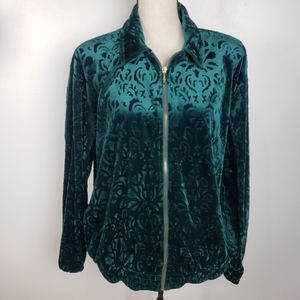 Vintage Teddi Emerald Green Embossed Velvet Full Zip Front Bomber Jacket L